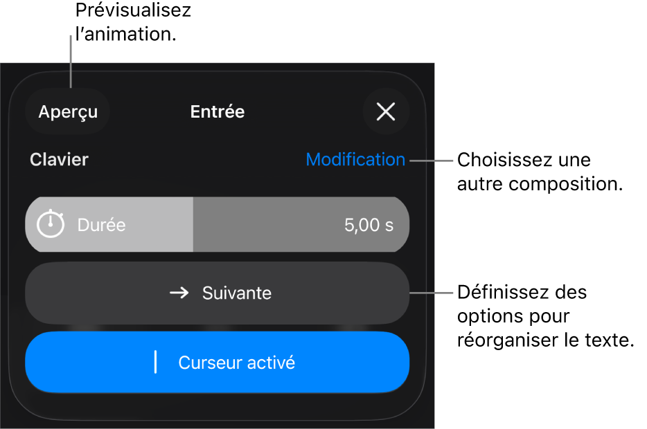 Les options d’entrée comprennent Durée, « Animation du texte » et Apparition. Touchez Modifier pour sélectionner une autre composition ou touchez Aperçu pour afficher un aperçu de la composition.
