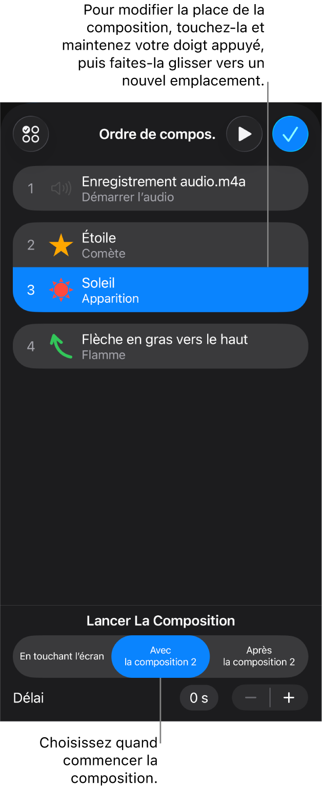 Liste Ordre de composition affichant les effets d’entrée avec des pastilles jaunes et les effets de sortie avec des pastilles grises.