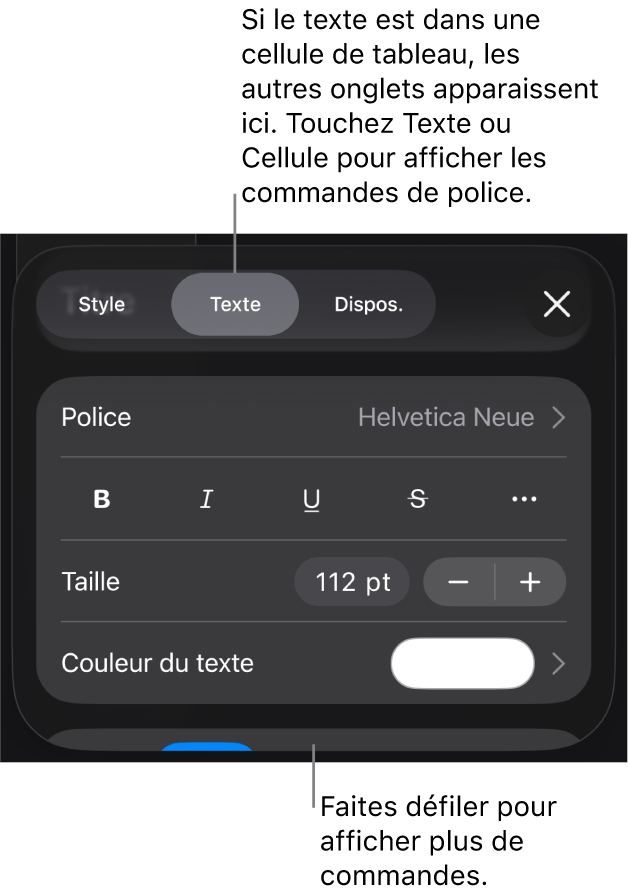 Commandes de texte du menu Format permettant de définir les styles, la police, la taille et la couleur des paragraphes et des caractères.