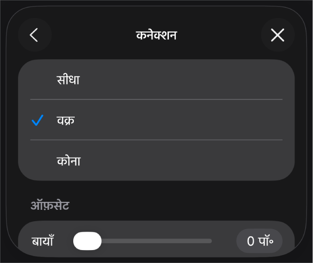 चुने गए वक्र के साथ कनेक्शन नियंत्रण।
