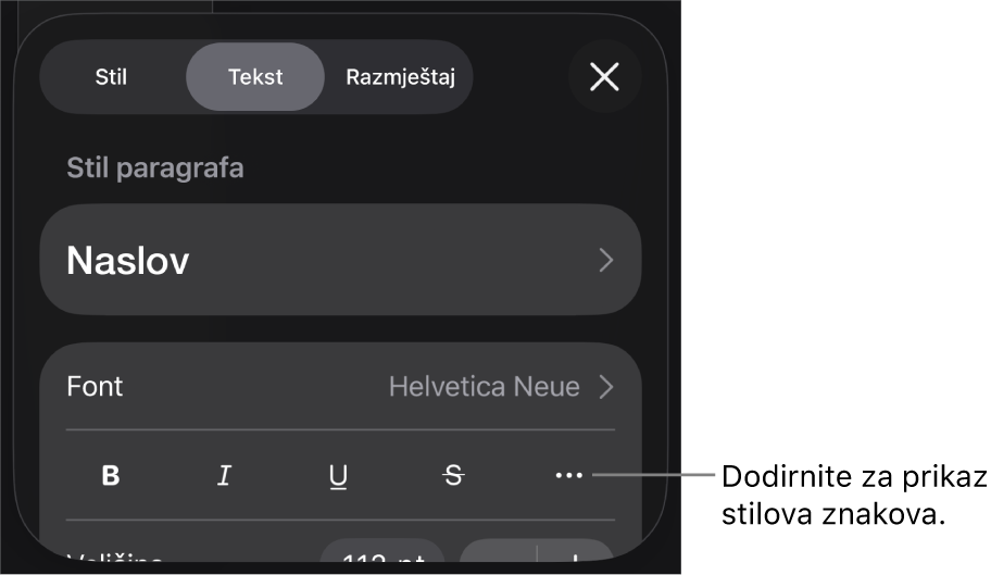 Kontrole opcije Formatiraj sa stilovima paragrafa pri vrhu, zatim kontrole Fonta. Ispod su tipke opcija teksta Podebljano, Kurziv, Podcrtavanje, Precrtavanje i Više.