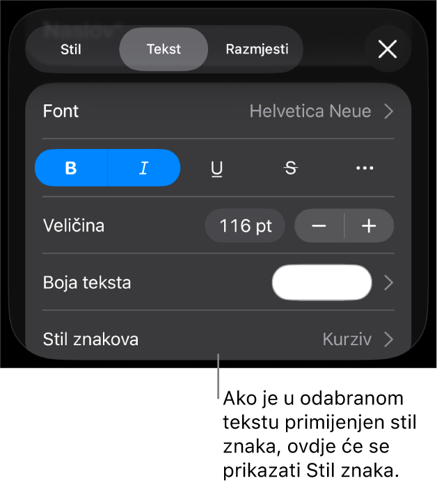 Kontrole za formatiranje teksta sa Stilom znaka ispod Kontrola boja. Stil znaka Bez javlja se s asteriskom.