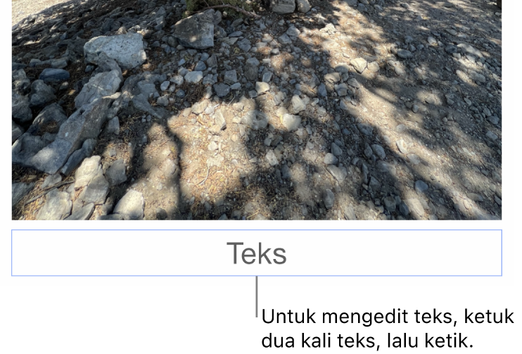 Teks placeholder, “Teks”, muncul di bawah foto; kerangka biru di sekitar bidang teks menampilkan bahwa objek dipilih.