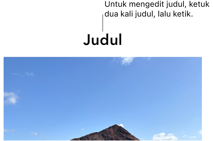Judul placeholder, “Judul”, muncul di bawah foto; kerangka biru di sekitar bidang judul menampilkan bahwa objek dipilih.