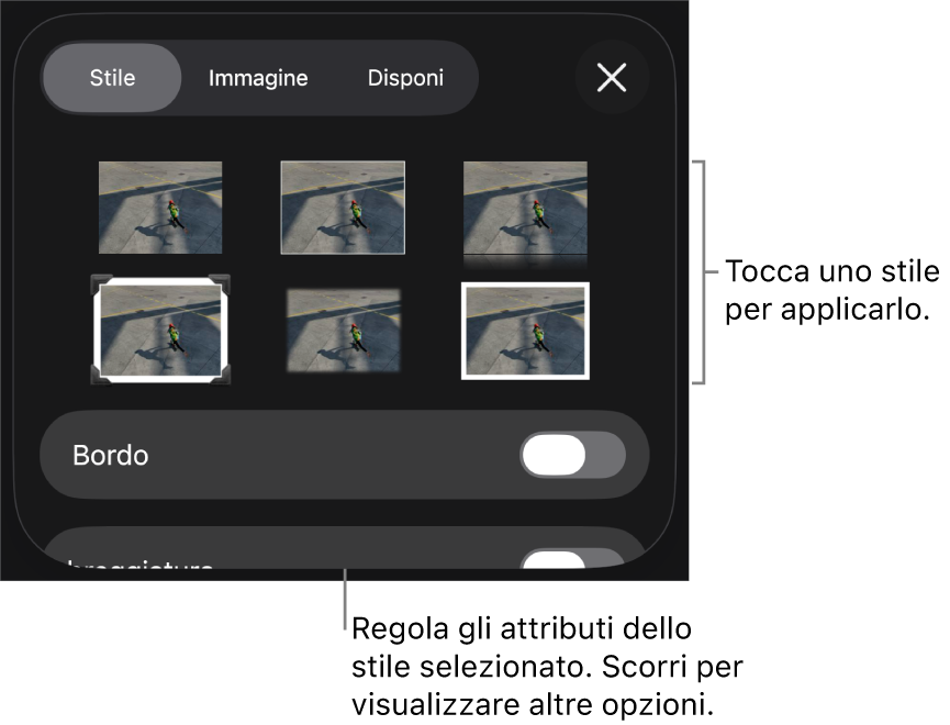 Pannello Stile del menu Formato con gli stili dell’oggetto in alto e un controllo sottostante per cambiare il bordo.