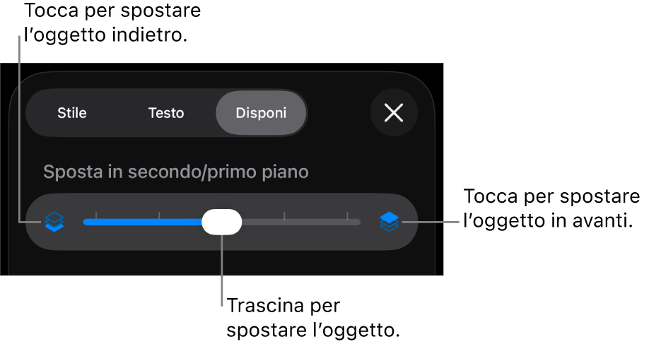Pulsante sposta indietro, pulsante sposta avanti e cursore livelli.