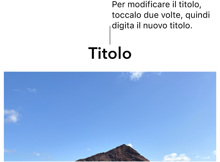 Il titolo segnaposto “Titolo” viene visualizzata sotto una foto e un contorno blu attorno al campo del titolo indica che è stato selezionato.