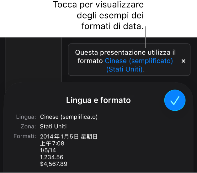 La notifica della diversa impostazione di lingua e zona, con esempi dei formati.