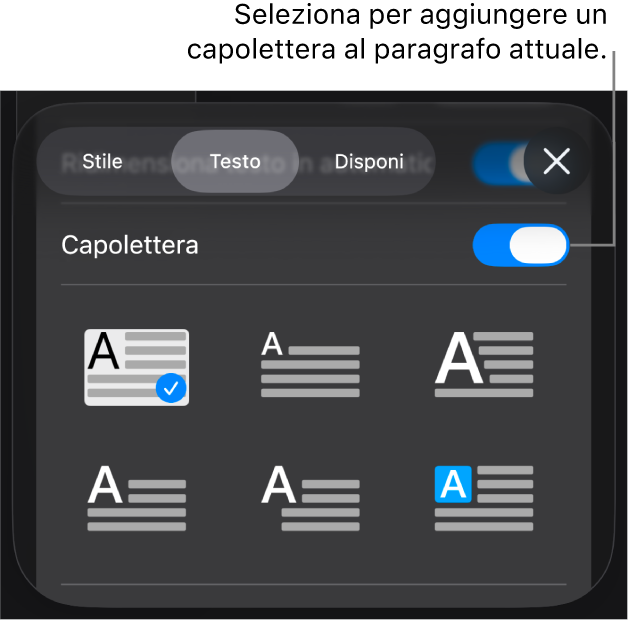 I controlli Capolettera situati nel menu Testo.