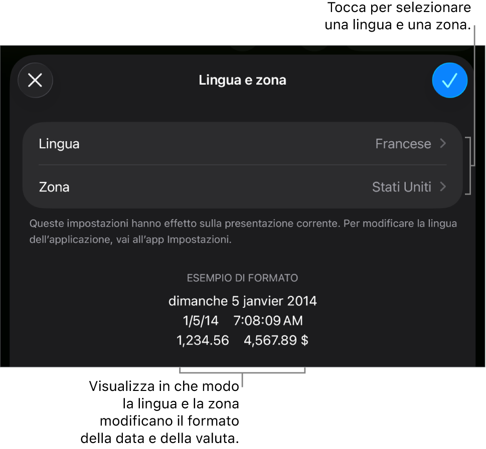 Il pannello Lingua e Zona con i controlli per lingua e zona e un esempio di formato che include data, ora, numeri decimali e valuta.