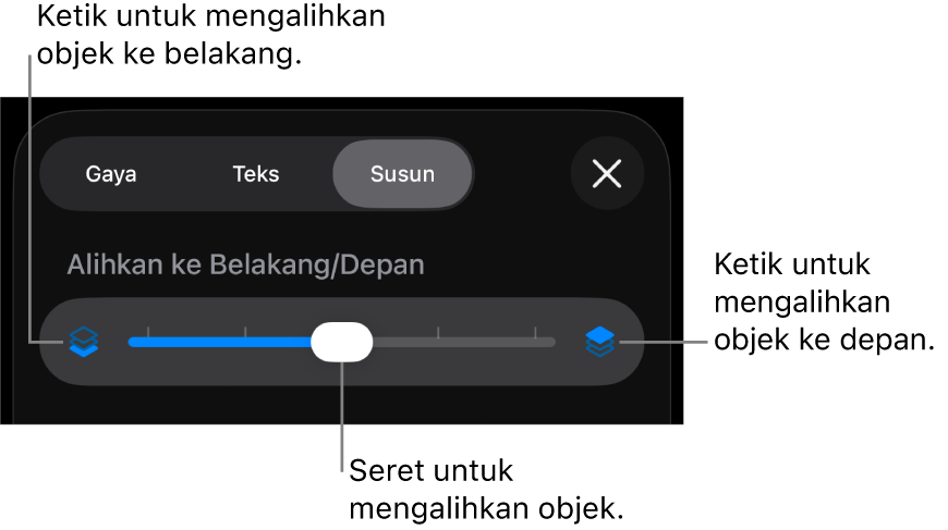 Butang Bergerak Ke Depan, butang Bergerak Ke Belakang dan gelangsar lapisan.