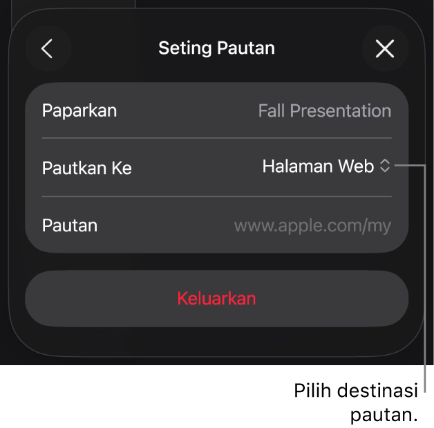 Kawalan Seting Pautan dengan Halaman Web dipilih dan butang Keluarkan di bahagian bawah.