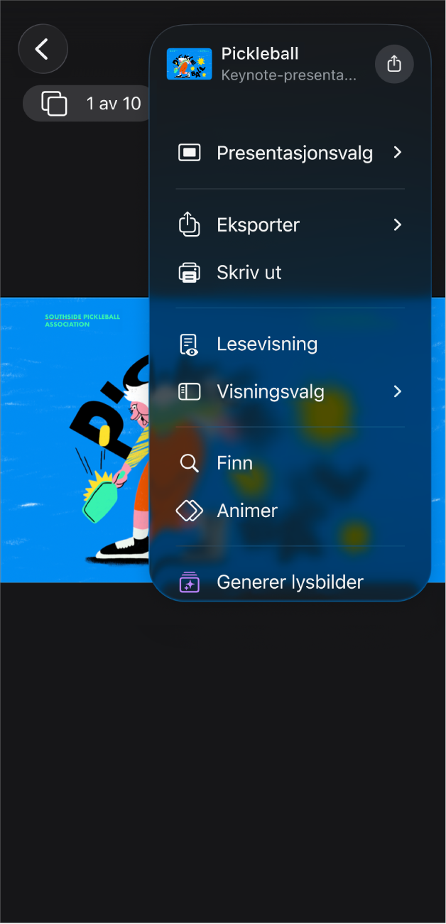 Keynote-appen med Eksporter-valg åpnet i Mer-menyen i verktøylinjen.