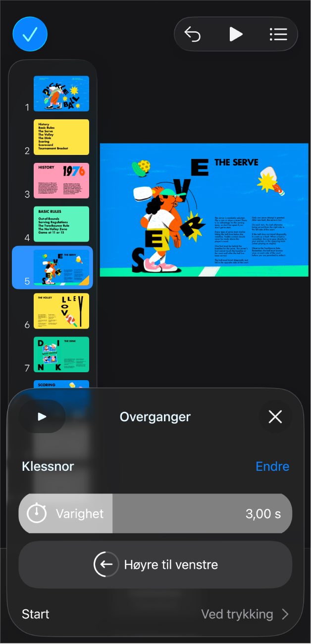 Keynote-appen med et lysbilde markert i lysbildenavigeringen på venstre side av skjermen. Overgang-knappen vises i menyen til høyre for det markerte lysbildet.