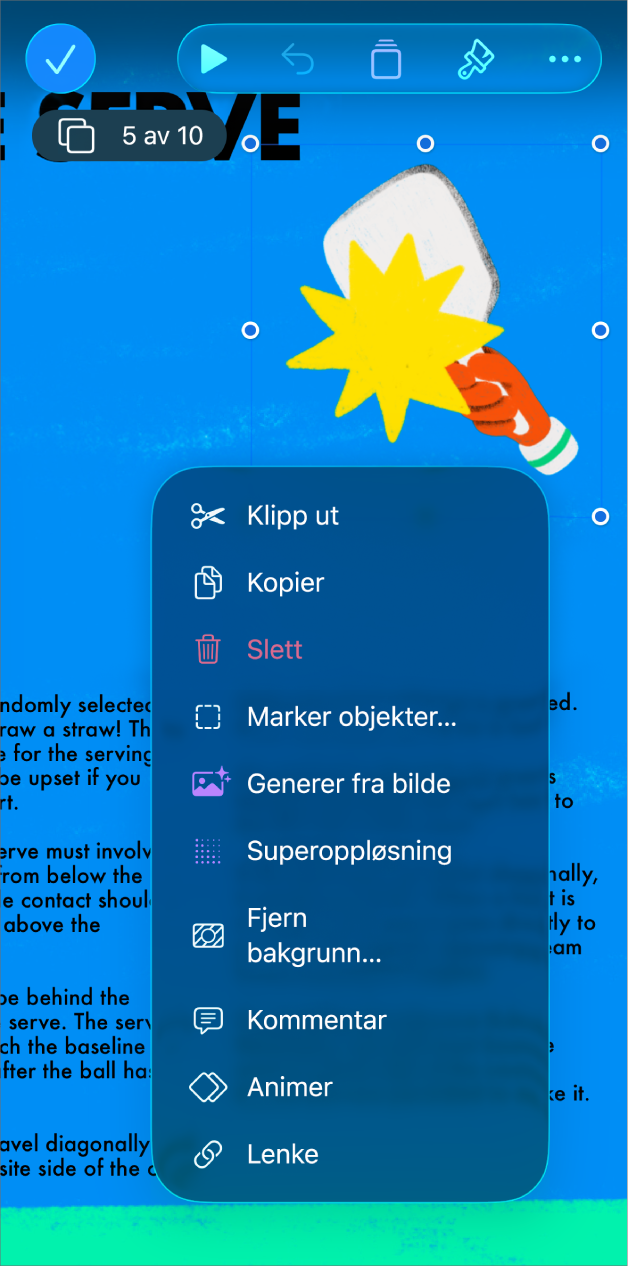 Keynote-appen med et objekt som er markert. Animer-knappen vises i menyen over det markerte objektet.
