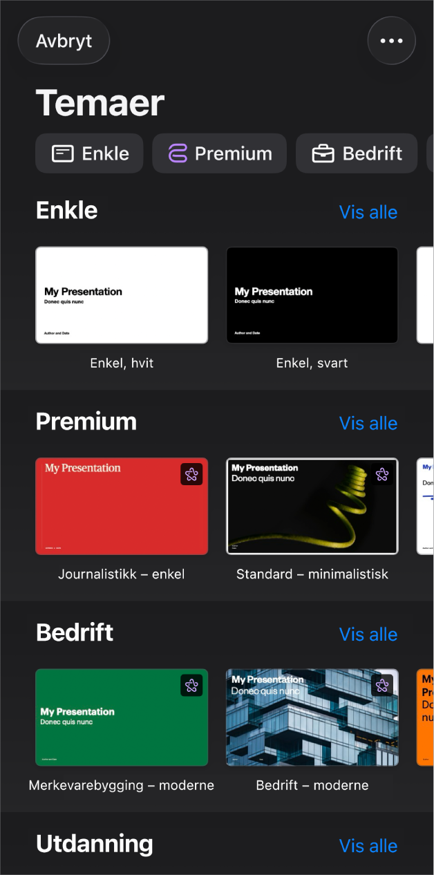 Temavelgeren med en rad med kategorier langs toppen som du kan trykke på for å filtrere alternativene. Under vises miniatyrbilder av forhåndsdesignede temaer arrangert i rader etter kategori, med Enkle øverst, etterfulgt av Minimal og Energisk. En Vis alle-knapp vises over og til høyre for hver kategorirad. Avbryt-knappen er øverst til venstre.