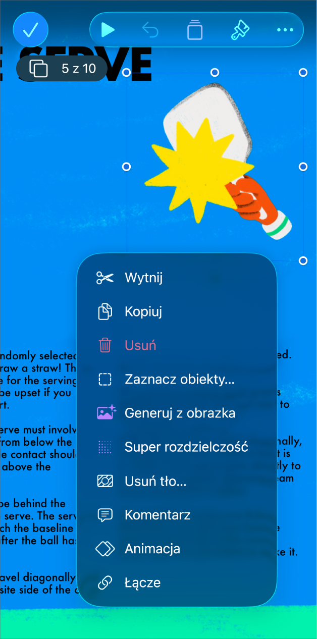 Aplikacja Keynote z zaznaczonym obiektem. Przycisk Animacja pojawia się w menu powyżej zaznaczonego obiektu.