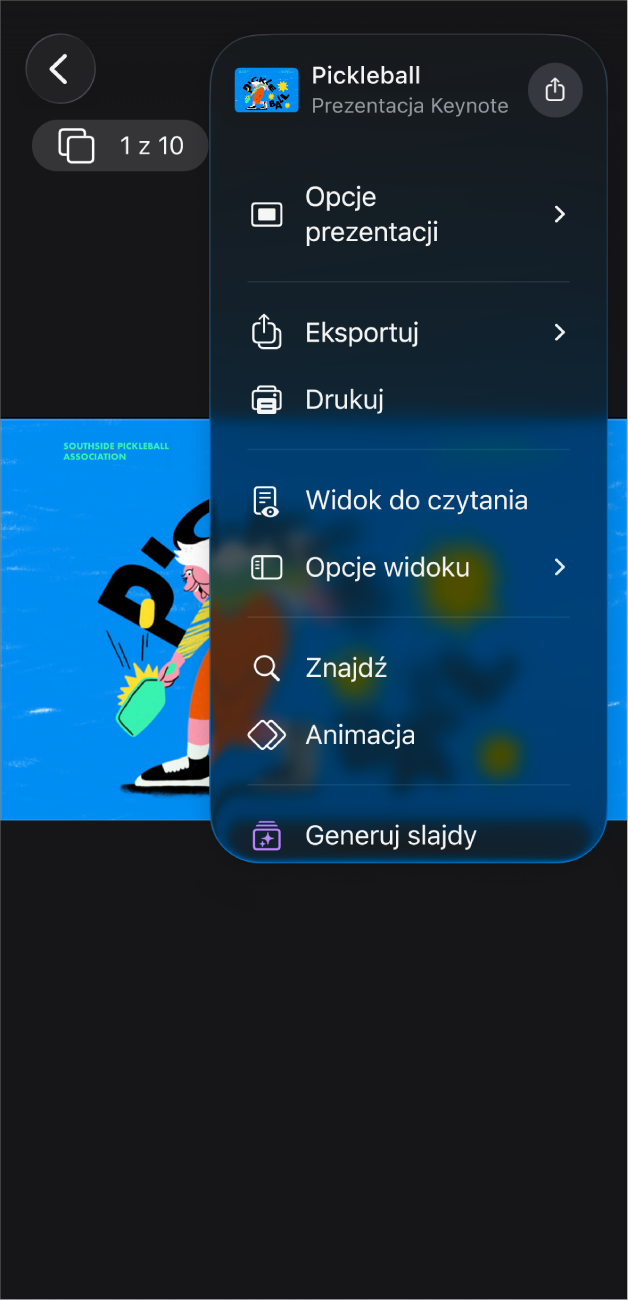 Okno Keynote z opcjami eksportu otwartymi w menu Więcej na pasku narzędzi.