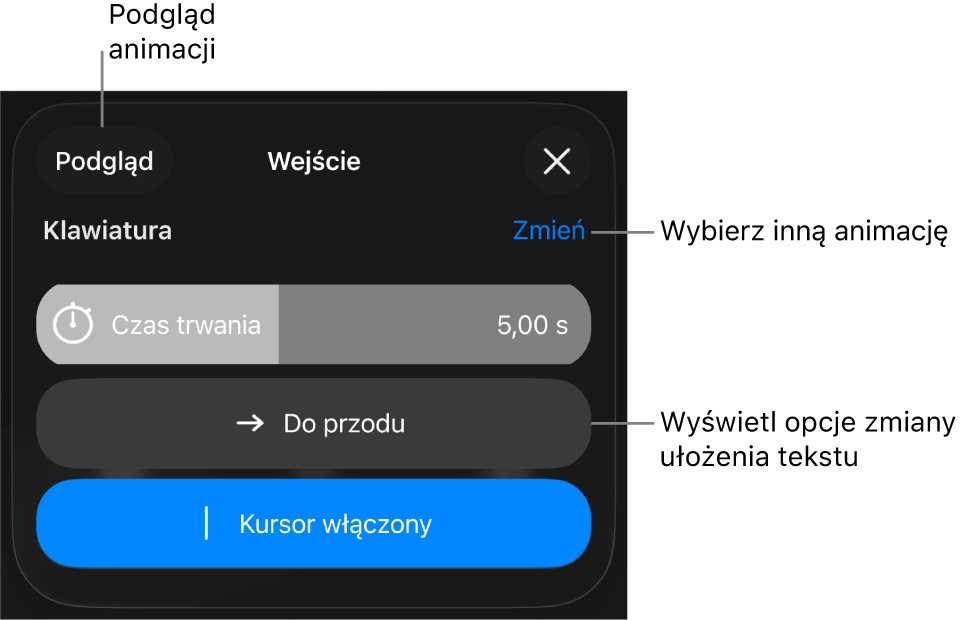 Widoczne są opcje animacji: Czas trwania, Animacja tekstu oraz Wykonanie. Stuknij w Zmień, aby wybrać inną animację. Stuknij w Podgląd, aby zobaczyć podgląd animacji.