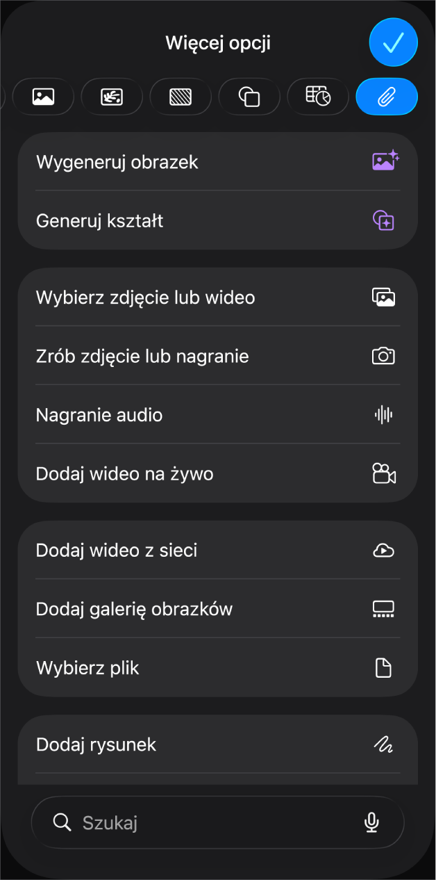 Menu Multimedia zawierające przyciski umożliwiające dodawanie i nagrywanie różnych obiektów multimedialnych.