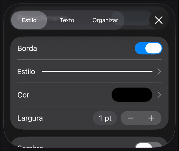 Controles de personalização de estilo de Borda.