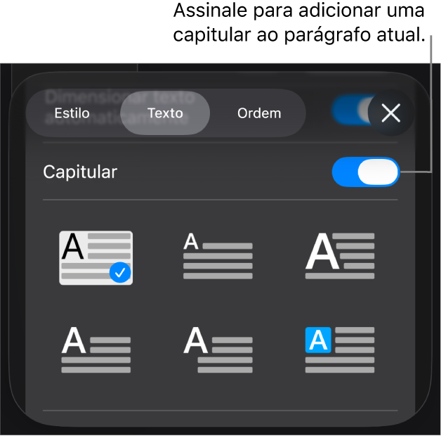 Os controlos de "Capitular” no menu “Texto”.