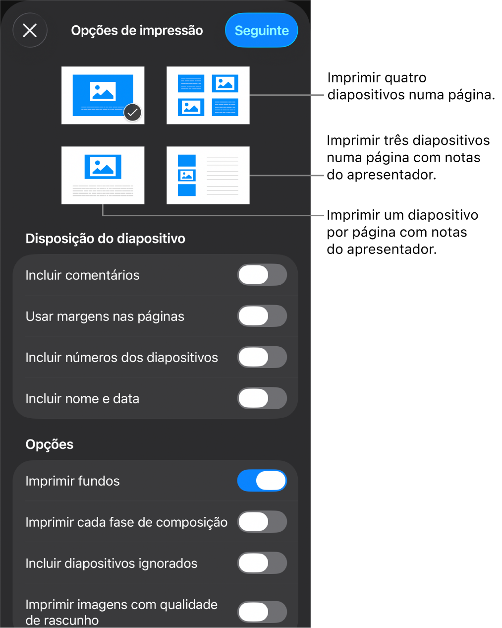 Opções de disposição de impressão.