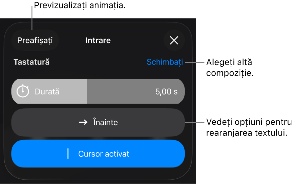 Opțiunile de intrare includ Durată, Animație text și Livrare. Apăsați Schimbați pentru a alege o altă compoziție sau apăsați Preafișează pentru a previzualiza compoziția.
