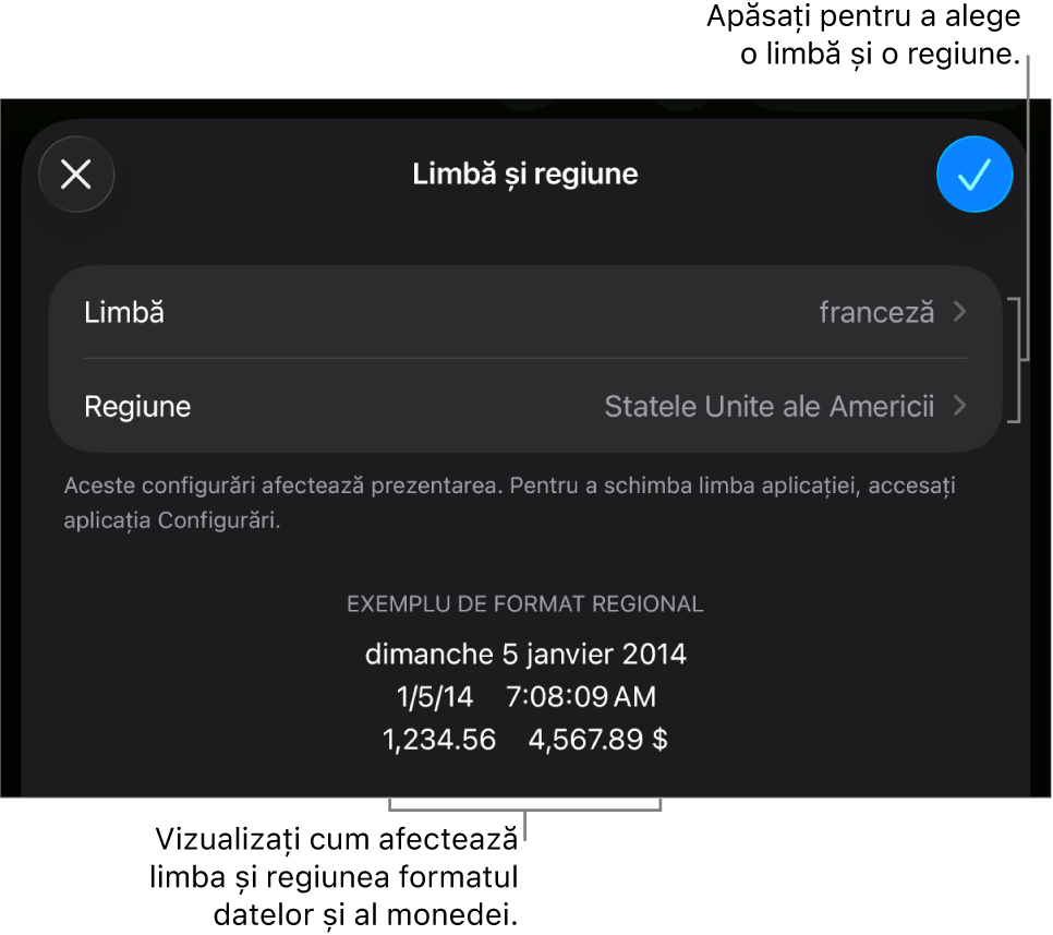 Panoul Limbă și regiune, cu comenzile pentru limbă și regiune și un exemplu de format, inclusiv data, ora, zecimale și valuta.