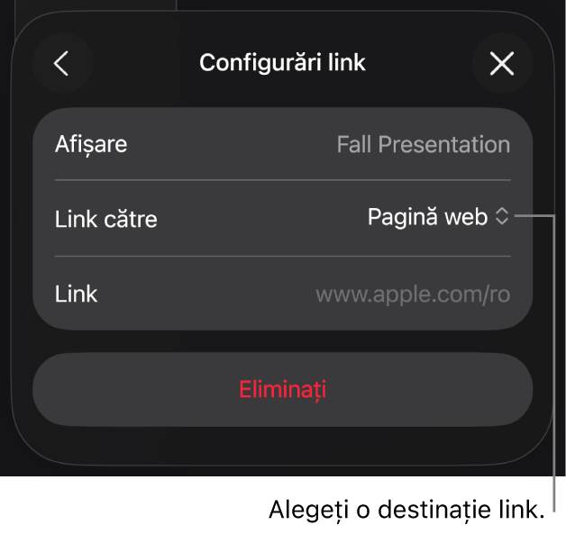 Comenzile Configurări link cu opțiunea Pagină web selectată și butonul Eliminați în partea de jos.