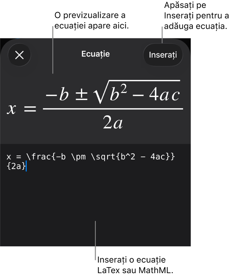 Caseta de dialog Ecuație, afișând o ecuație scrisă cu ajutorul comenzilor MathML și, deasupra, o previzualizare a formulei.