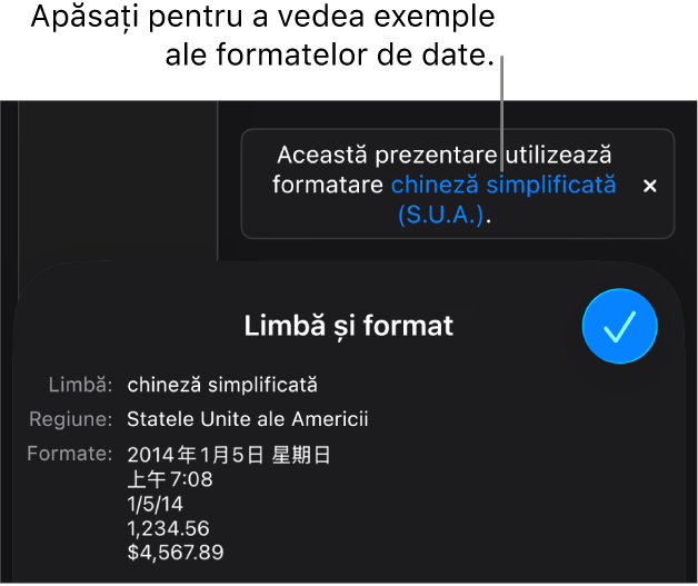 Notificarea privind configurarea limbii și regiunii diferite, afișând exemple de formatare în limba și regiunea respectivă.