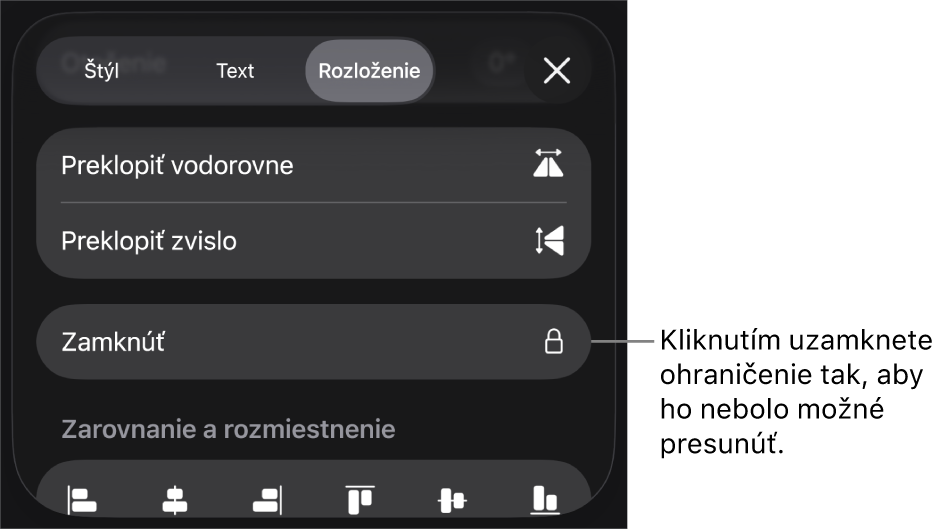 Ovládacie prvky Rozloženie v menu Formát so zvýrazneným tlačidlom Zamknúť.