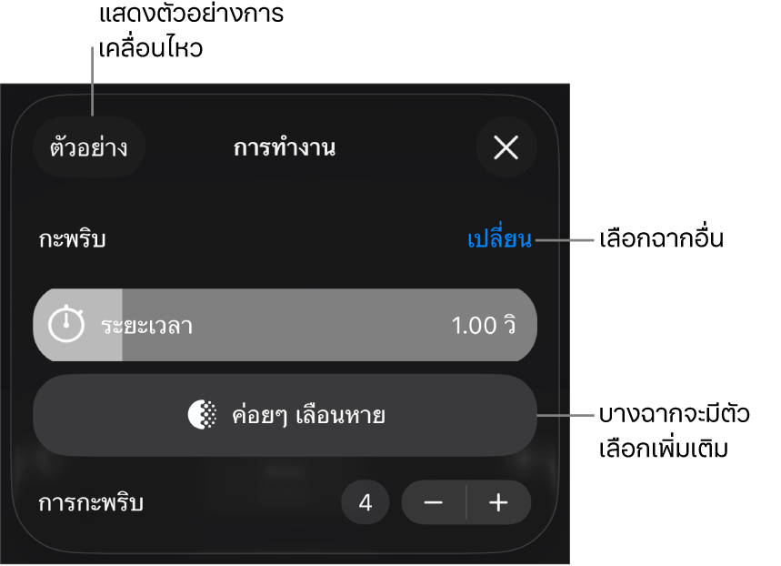 ตัวเลือกฉากรวมถึงระยะเวลาและกำหนดเวลาเริ่มต้น แตะ เปลี่ยน เพื่อเลือกฉากอื่น หรือแตะ แสดงตัวอย่าง เพื่อแสดงตัวอย่างฉาก