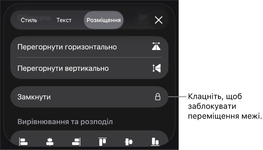 Елементи керування розміщенням на бічній панелі «Формат»: активовано кнопку «Замкнути».