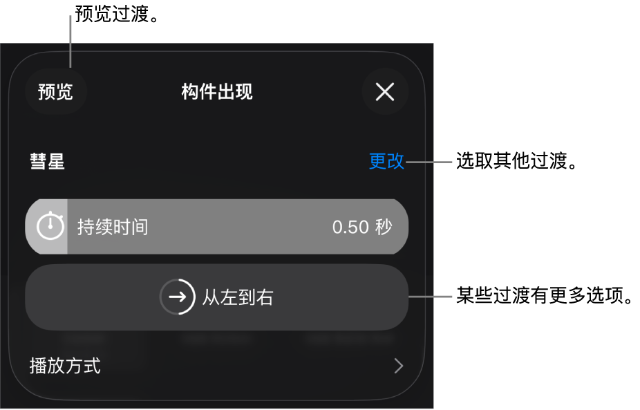 “选项”面板中用于修改过渡的控制。