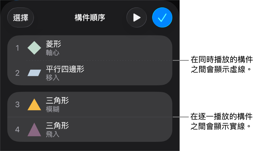 「構件順序」選單,在同時播放的構件之間顯示虛線,在逐一播放的構件之間則為實線。