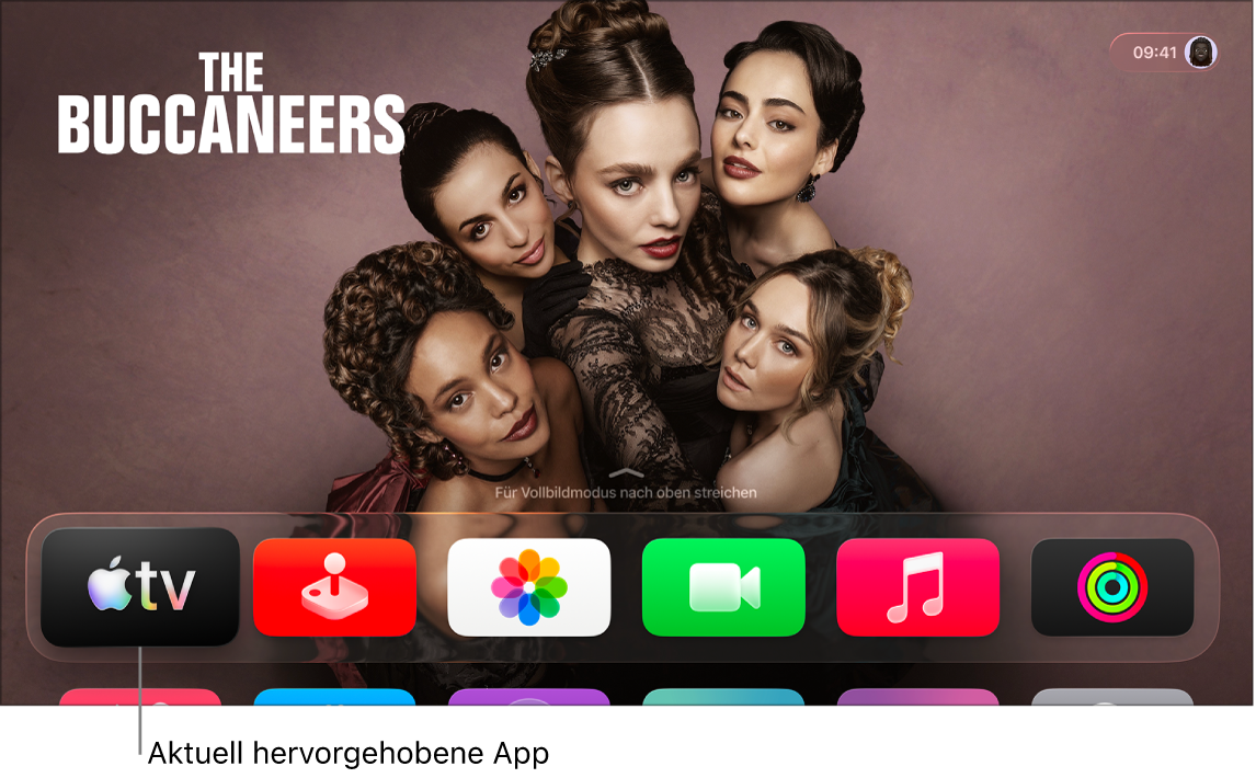 Der Home-Bildschirm des Apple TV mit der hervorgehobenen Apple TV App.