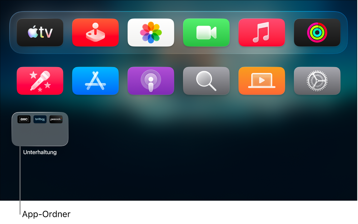 Der Home-Bildschirm des Apple TV zeigt einen App-Ordner an.