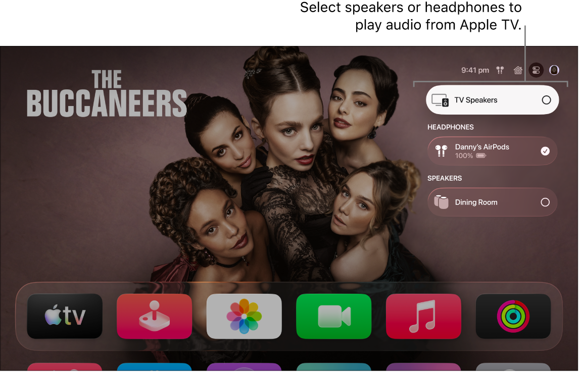 Apple TV screen showing Control Centre audio controls