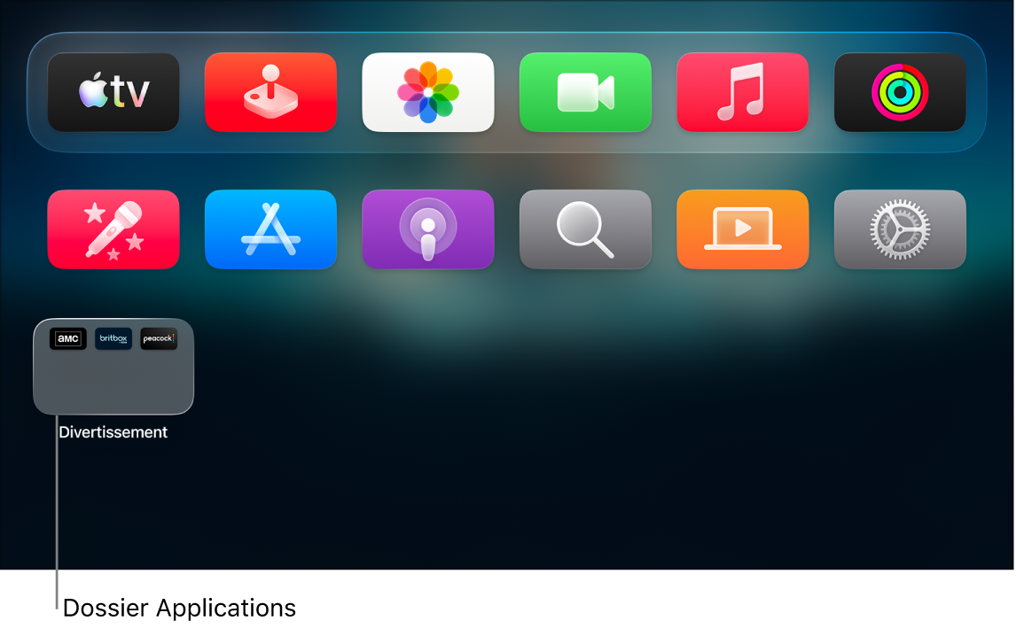 L’écran d’accueil de l’Apple TV affichant un dossier d’apps.