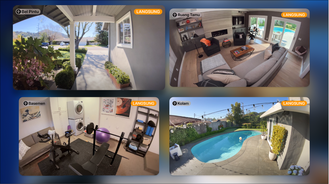 Layar Apple TV menampilkan beberapa kamera dari tampilan Rumah Apple