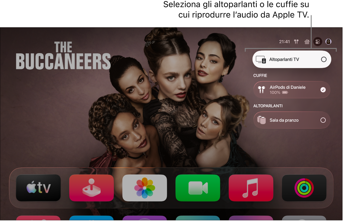 Schermata di Apple TV che mostra i controlli audio di Centro di Controllo