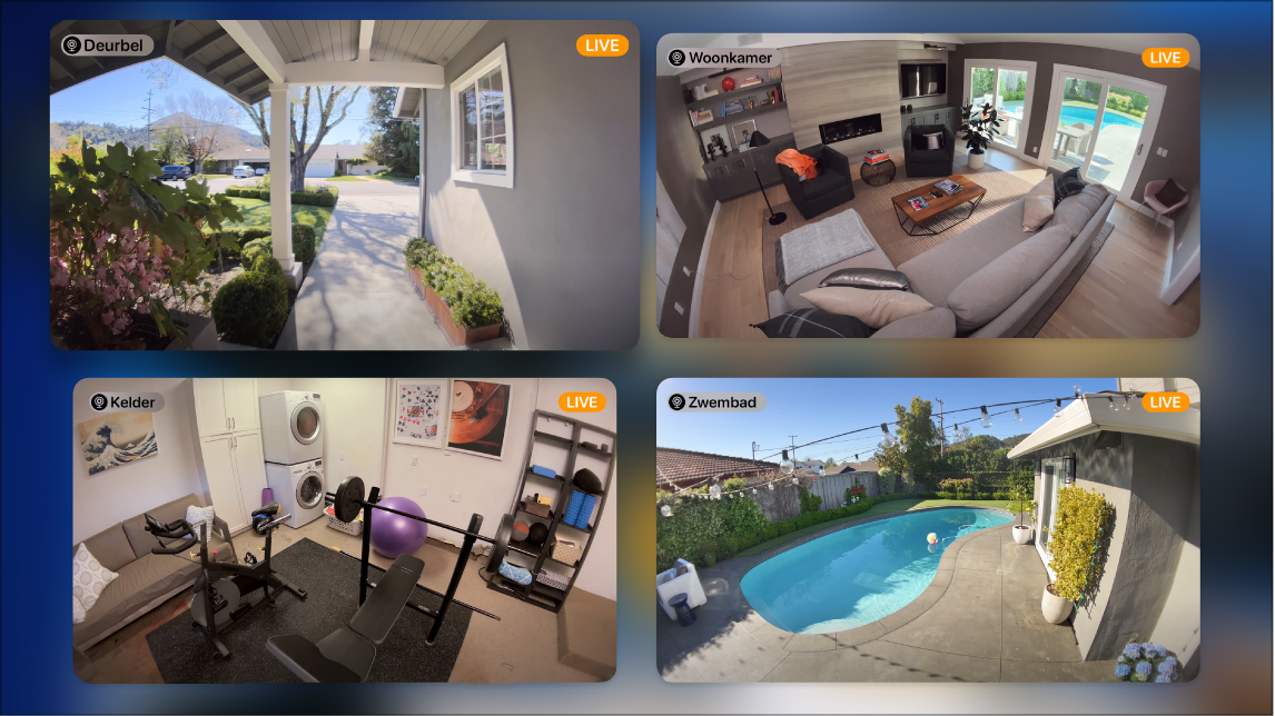Scherm van Apple TV met beelden van verschillende camera's in de Apple Woning-weergave