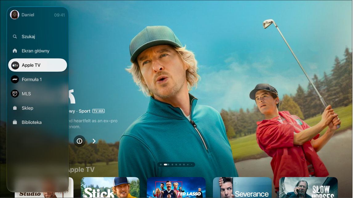 Na ekranie pokazany jest pasek boczny aplikacji Apple TV.