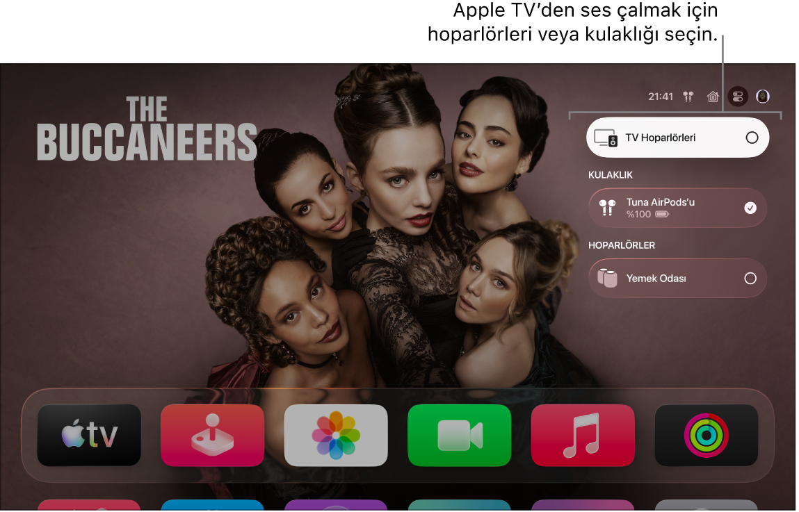 Denetim Merkezi ses denetimlerini gösteren Apple TV ekranı