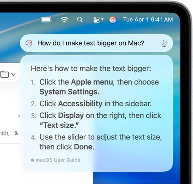 The top-right portion of the Mac desktop showing the Siri icon in the menu bar and the Type to Siri field with Siri-provided steps for how to make text bigger.
