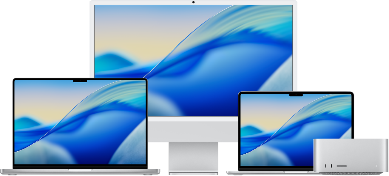 Dari kiri ke kanan, MacBook Pro, iMac, dan MacBook Air dengan desktop penuh warna. Mac Studio berada di ujung kanan.