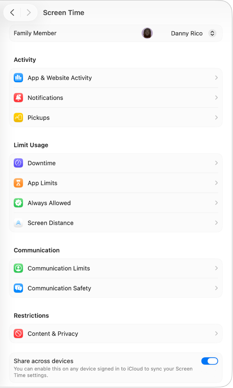 Ajustes de Tempo de Uso com um adulto escolhido no menu pop-up “Membro da Família”.