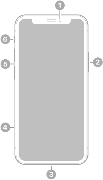 عرض للجزء الأمامي من الـ iPhone 12 mini. توجد الكاميرا الأمامية في أعلى المنتصف. ويوجد الزر الجانبي على الجانب الأيمن. يوجد موصل لايتننغ في الأسفل. على الجانب الأيمن، من الأسفل إلى الأعلى، يظهر درج الشريحة وزرا مستوى الصوت ومفتاح رنين/صامت.